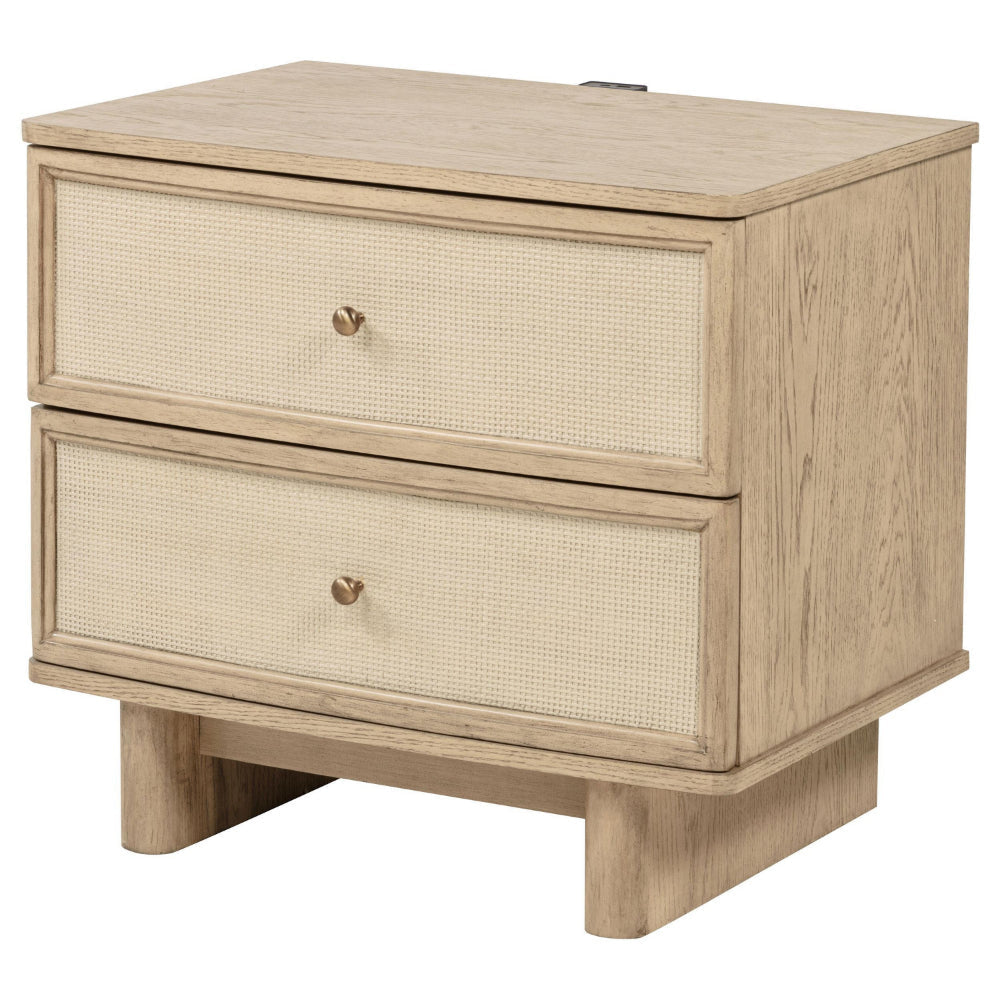 Lno Nightstand 2 Cane Accent Drawers w Brass Knobs USB Oak Beige BM328555