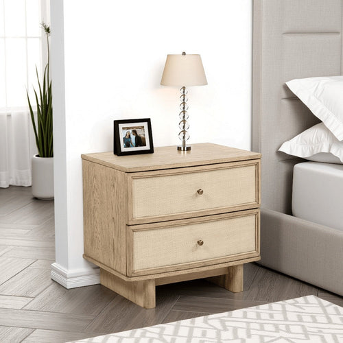 Lno Nightstand, 2 Cane Accent Drawers w Brass Knobs, USB, Oak Beige