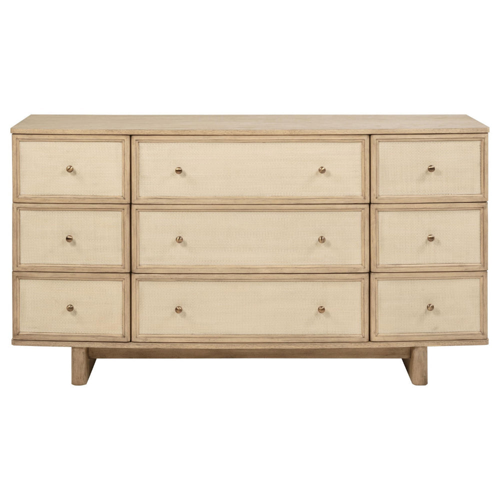 Lno Wide Dresser 9 Cane Accent Drawers w Brass Knobs Oak Beige BM328556