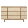 Lno Wide Dresser, 9 Cane Accent Drawers w Brass Knobs, Oak Beige