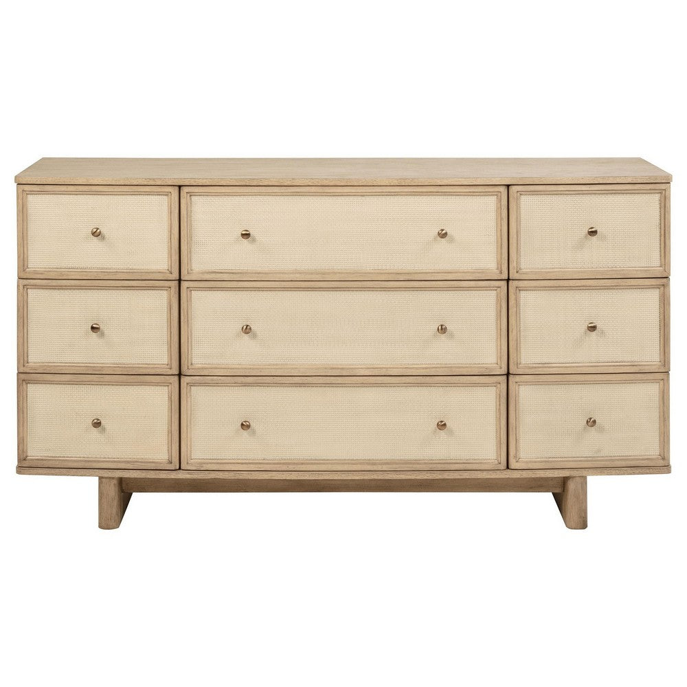 Lno Wide Dresser, 9 Cane Accent Drawers w Brass Knobs, Oak Beige