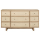 Lno Wide Dresser, 9 Cane Accent Drawers w Brass Knobs, Oak Beige