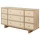 Lno Wide Dresser 9 Cane Accent Drawers w Brass Knobs Oak Beige BM328556
