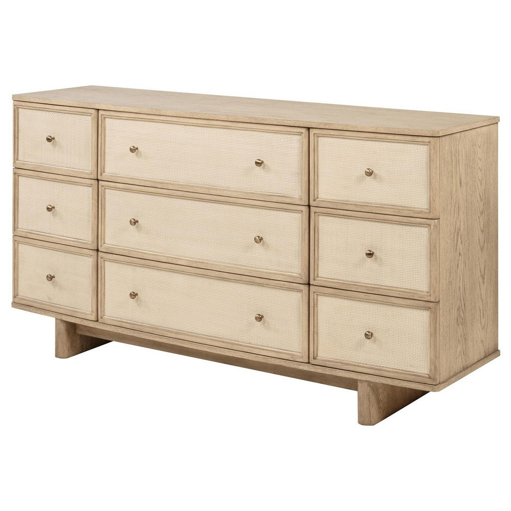 Lno Wide Dresser, 9 Cane Accent Drawers w Brass Knobs, Oak Beige