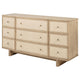 Lno Wide Dresser, 9 Cane Accent Drawers w Brass Knobs, Oak Beige