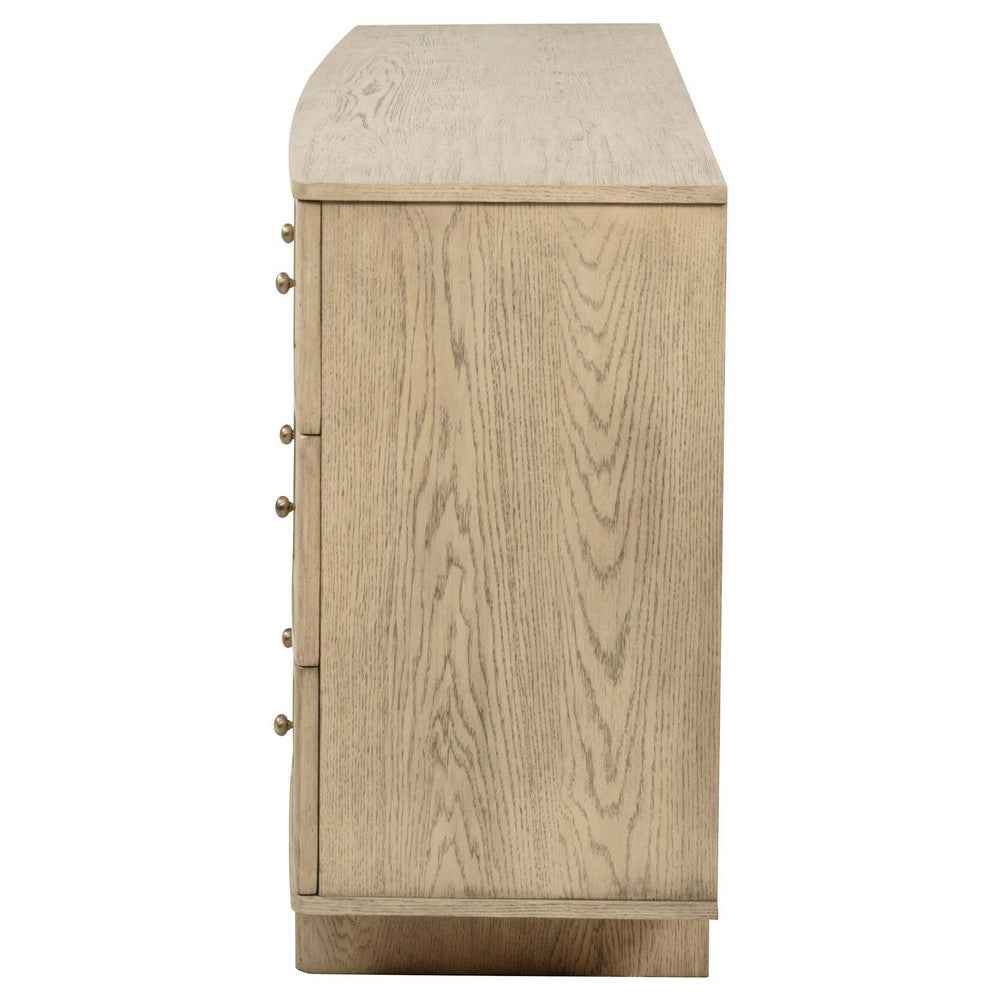 Lno Wide Dresser, 9 Cane Accent Drawers w Brass Knobs, Oak Beige