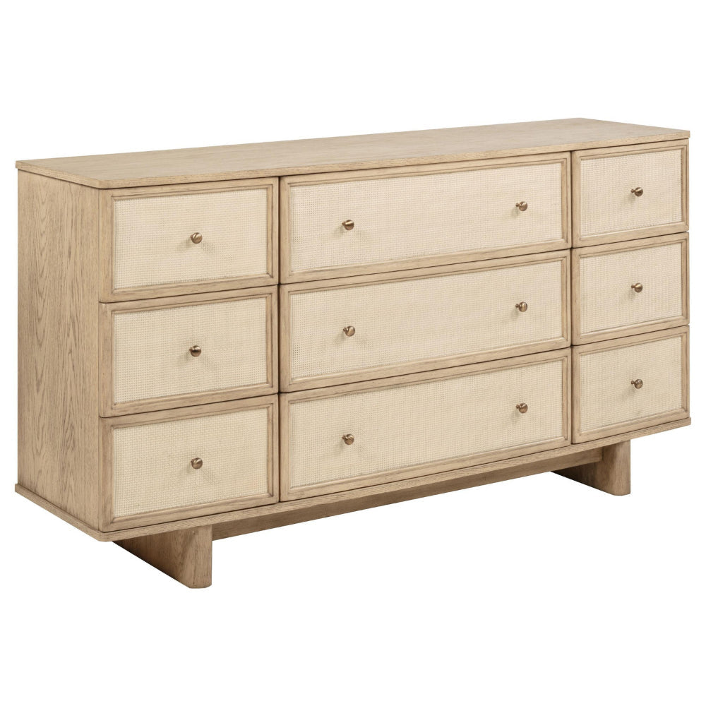 Lno Wide Dresser, 9 Cane Accent Drawers w Brass Knobs, Oak Beige