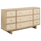 Lno Wide Dresser, 9 Cane Accent Drawers w Brass Knobs, Oak Beige