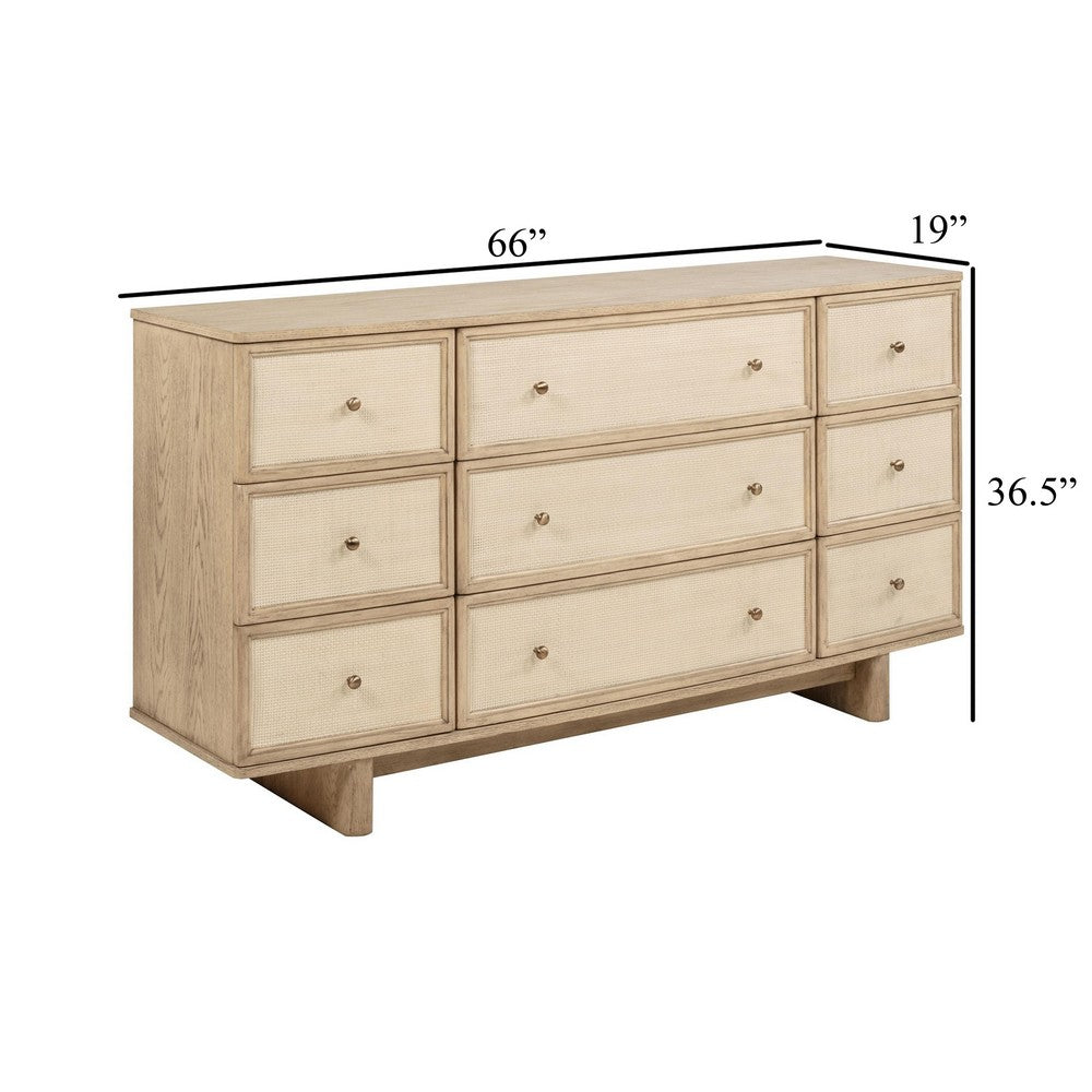 Lno Wide Dresser, 9 Cane Accent Drawers w Brass Knobs, Oak Beige