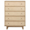 Lno Tall Dresser Chest, 5 Cane Accent Drawers w Brass Knobs, Oak Beige
