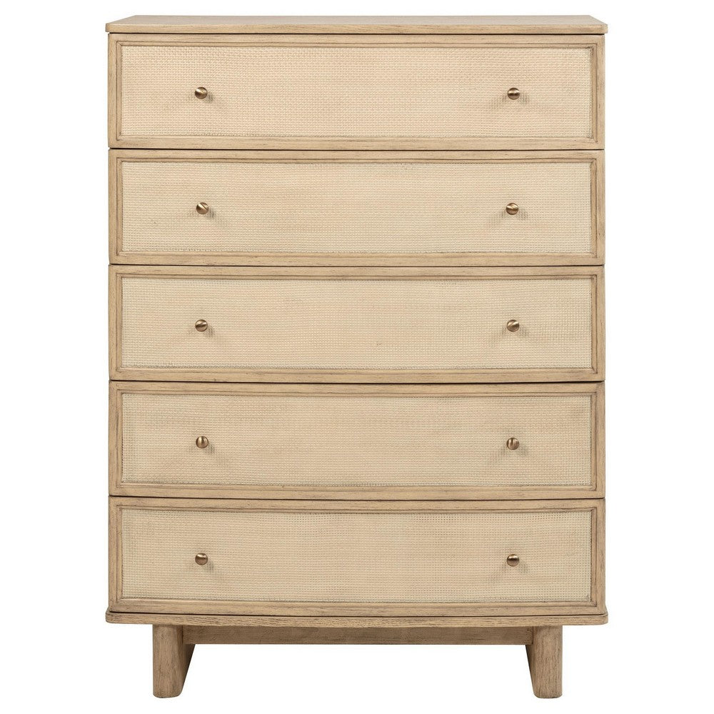 Lno Tall Dresser Chest, 5 Cane Accent Drawers w Brass Knobs, Oak Beige