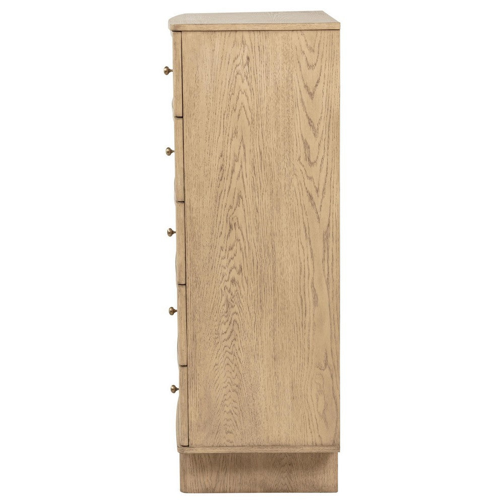 Lno Tall Dresser Chest, 5 Cane Accent Drawers w Brass Knobs, Oak Beige
