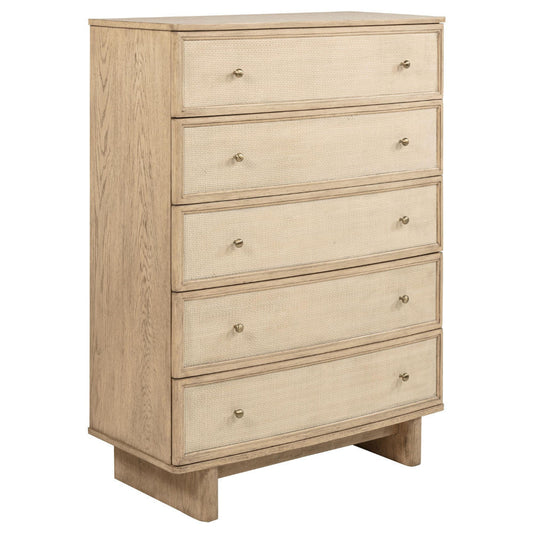 Lno Tall Dresser Chest, 5 Cane Accent Drawers w Brass Knobs, Oak Beige