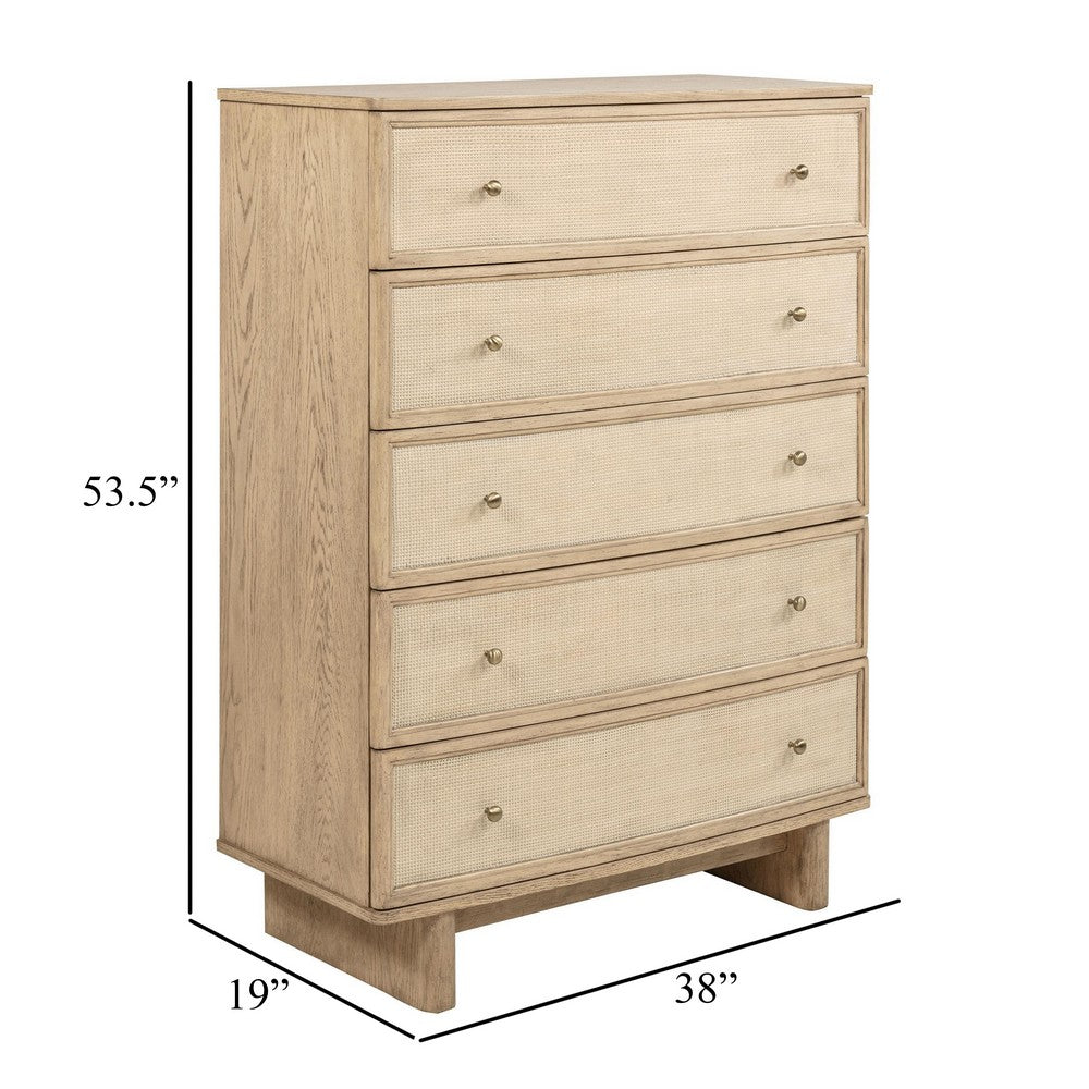 Lno Tall Dresser Chest, 5 Cane Accent Drawers w Brass Knobs, Oak Beige