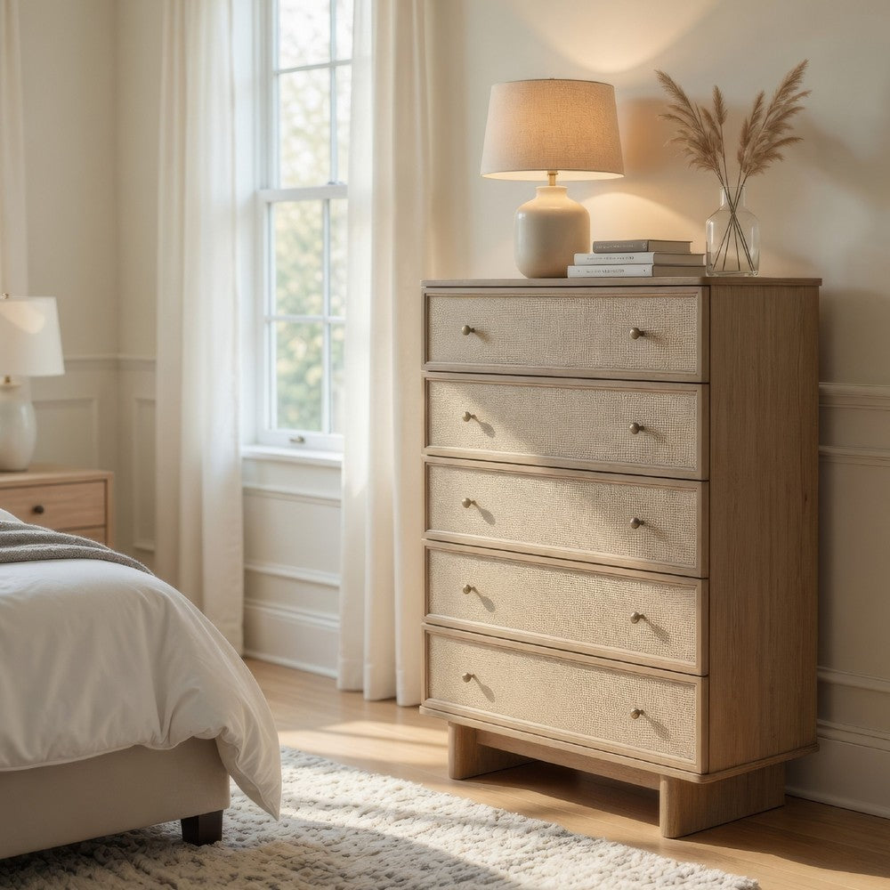 Lno Tall Dresser Chest, 5 Cane Accent Drawers w Brass Knobs, Oak Beige