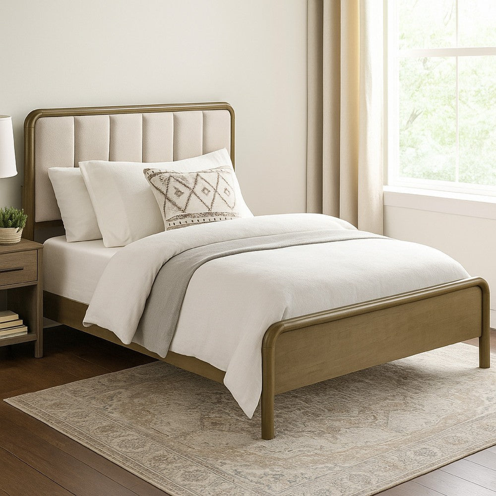 Deon Queen Bed, Vertical Channel Tufted Beige Boucle Upholstery, Brown
