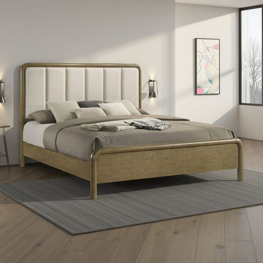 Deon California King Bed, Channel Tufted Beige Boucle Upholstery Brown