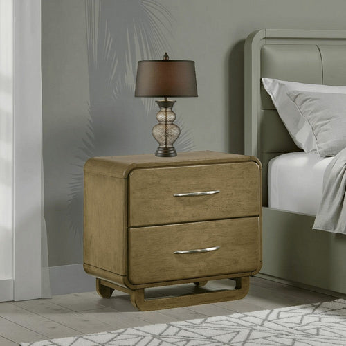 Deon Nightstand, 2 Drawers w Nickel Handles, Sled Legs, Nutmeg Brown