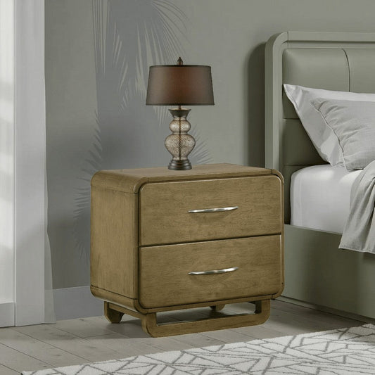 Deon Nightstand, 2 Drawers w Nickel Handles, Sled Legs, Nutmeg Brown