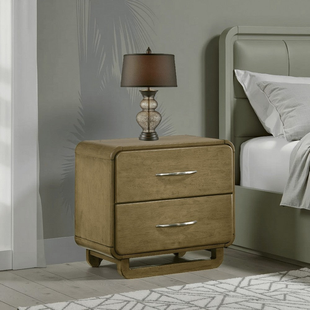 Deon Nightstand, 2 Drawers w Nickel Handles, Sled Legs, Nutmeg Brown