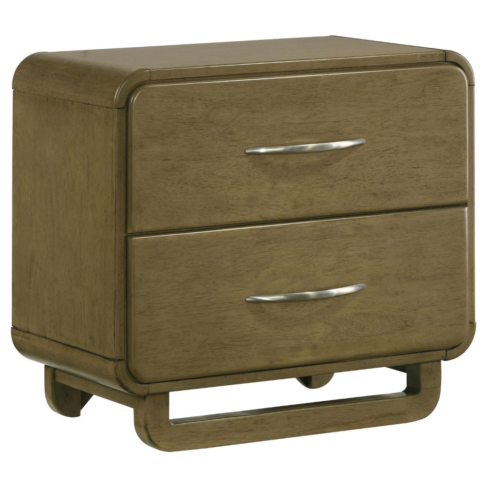 Deon Nightstand, 2 Drawers w Nickel Handles, Sled Legs, Nutmeg Brown