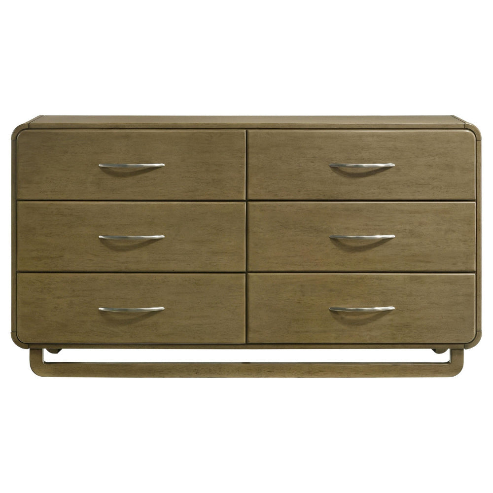 Deon Wide Dresser 6 Drawers w Nickel Handles Sled Legs Nutmeg Brown BM328562