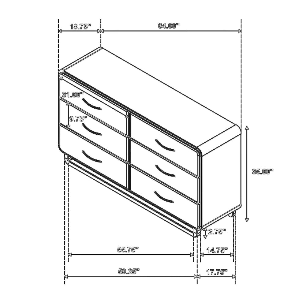 Deon Wide Dresser 6 Drawers w Nickel Handles Sled Legs Nutmeg Brown BM328562