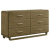 Deon Wide Dresser, 6 Drawers w Nickel Handles, Sled Legs, Nutmeg Brown