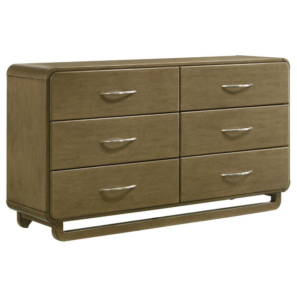 Deon Wide Dresser, 6 Drawers w Nickel Handles, Sled Legs, Nutmeg Brown