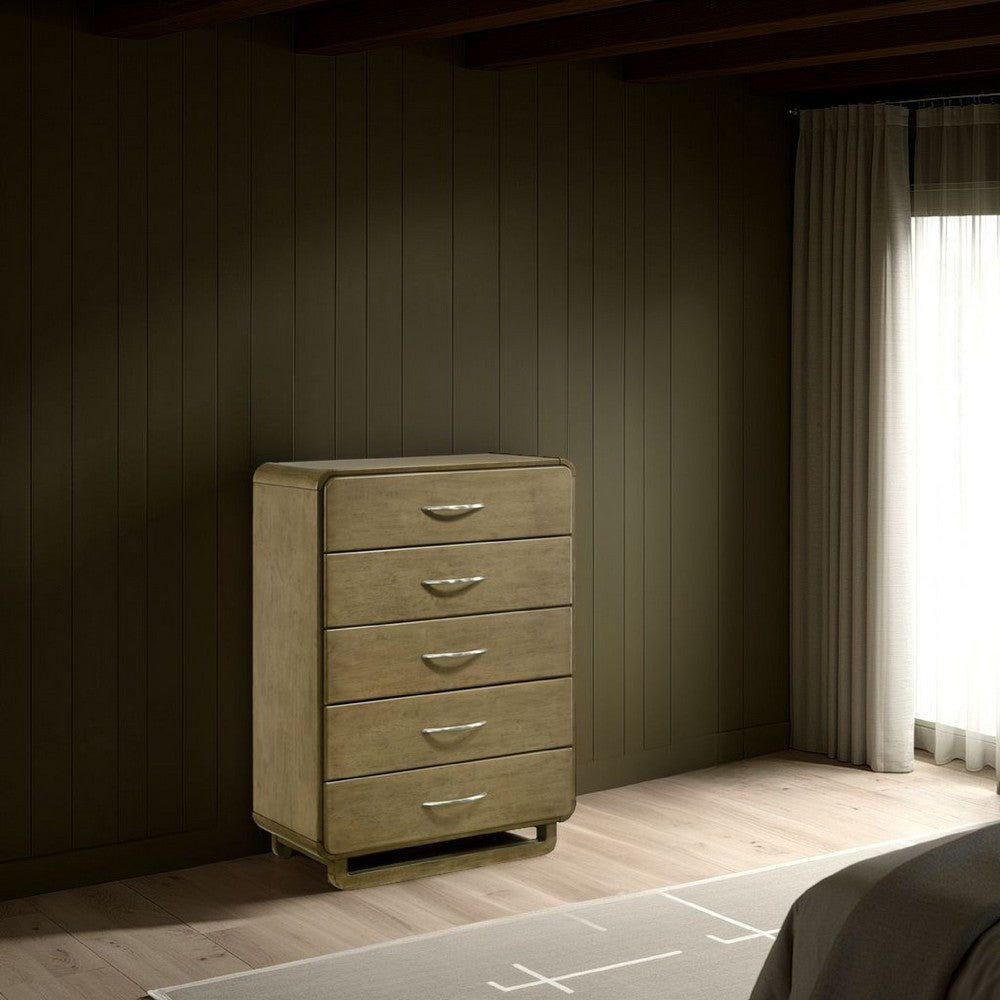 Deon Tall Dresser Chest, 5 Drawers w Nickel Handles, Nutmeg Brown