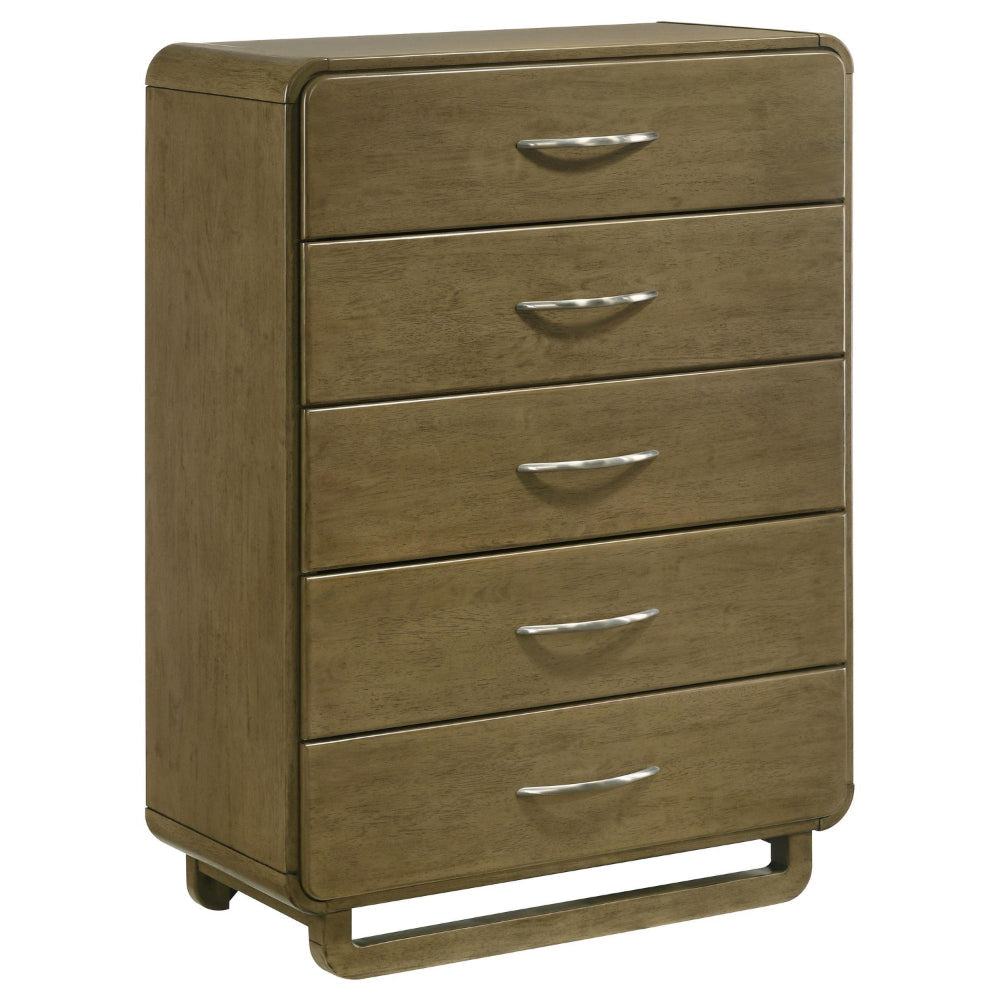 Deon Tall Dresser Chest, 5 Drawers w Nickel Handles, Nutmeg Brown