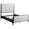 Jack Queen Size Bed, Channel Tufted Ivory Upholstery, Black Wood