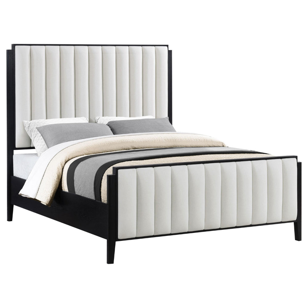 Jack King Size Bed Channel Tufted Ivory Upholstery Black Wood