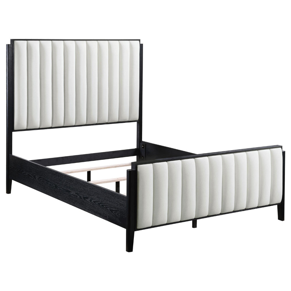 Jack King Size Bed, Channel Tufted Ivory Upholstery, Black Wood