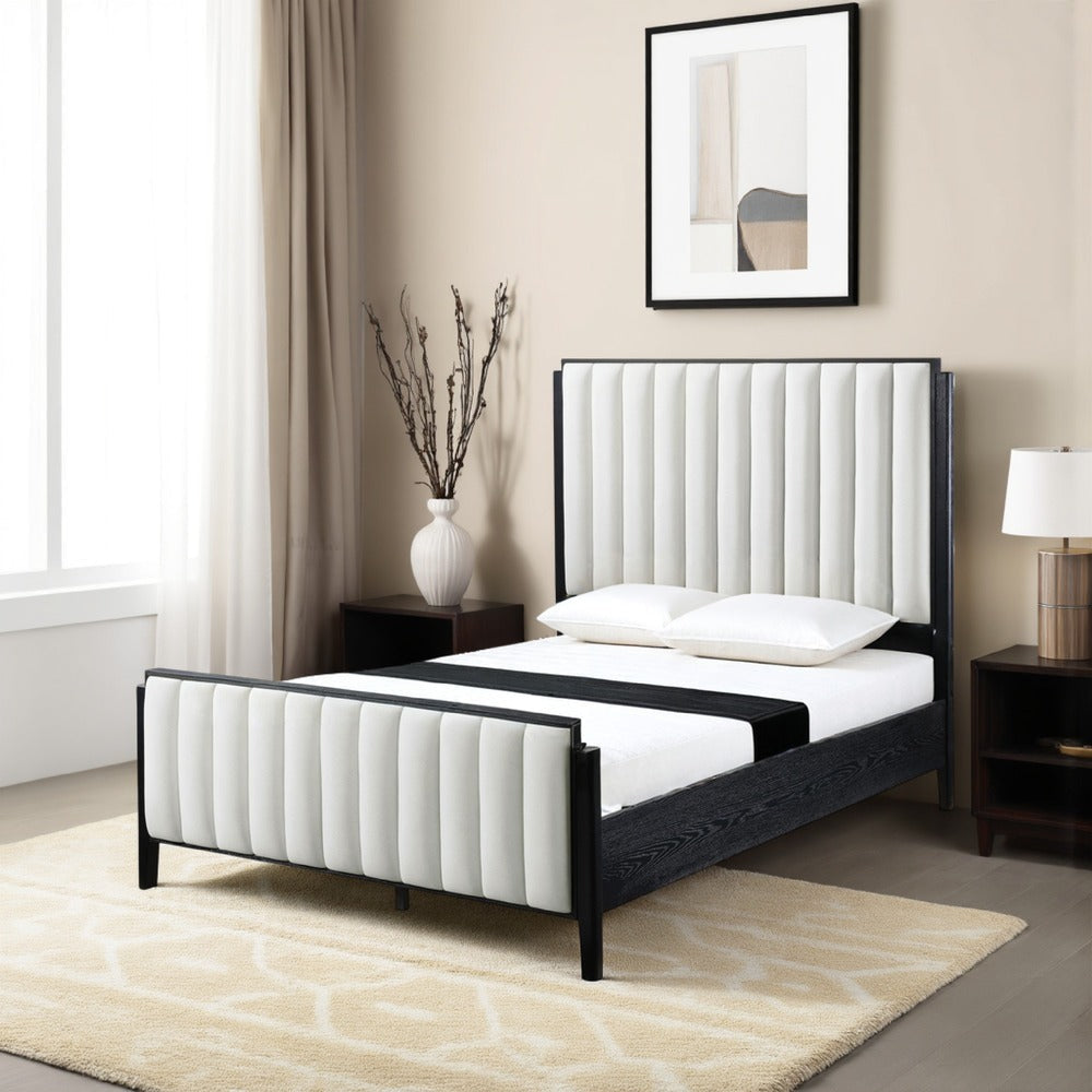 Jack California King Size Bed, Channel Tufted Ivory Upholstery, Black