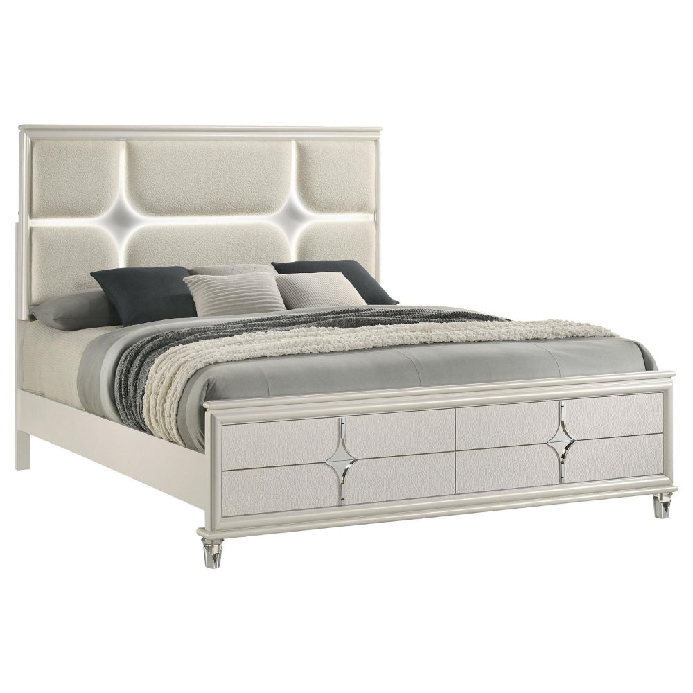 Ory Queen Size Bed Ivory Boucle Upholstered Headboard w 3D LED Light