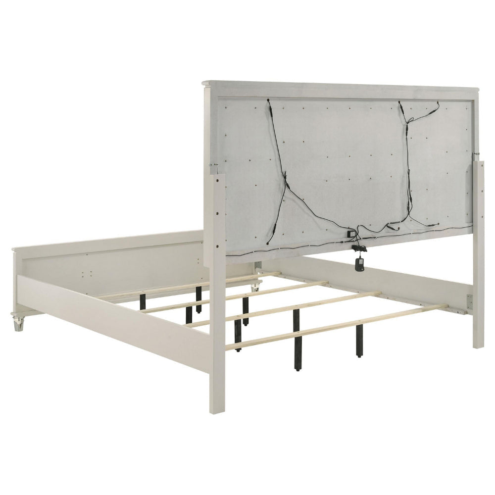 Ory Queen Size Bed Ivory Boucle Upholstered Headboard w 3D LED Light