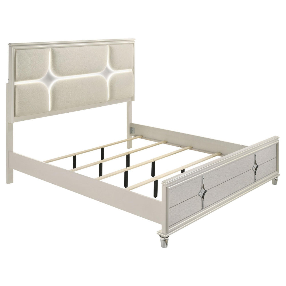 Ory Queen Size Bed, Ivory Boucle Upholstered Headboard w 3D LED Light