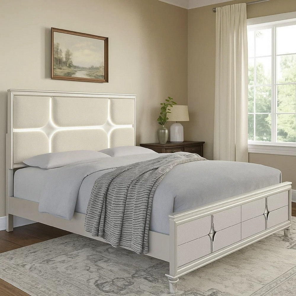 Ory Queen Size Bed, Ivory Boucle Upholstered Headboard w 3D LED Light