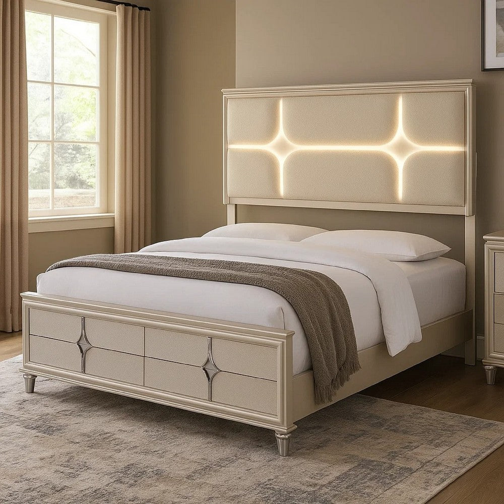 Ory Queen Size Bed, Ivory Boucle Upholstered Headboard w 3D LED Light