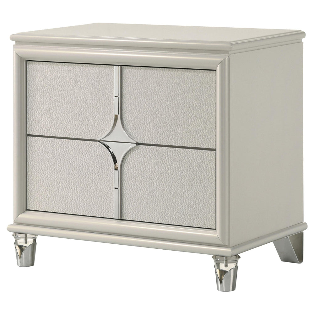 Ory Nightstand w 2 Drawers Chrome Star Handle Pearl Ivory Wood BM328571