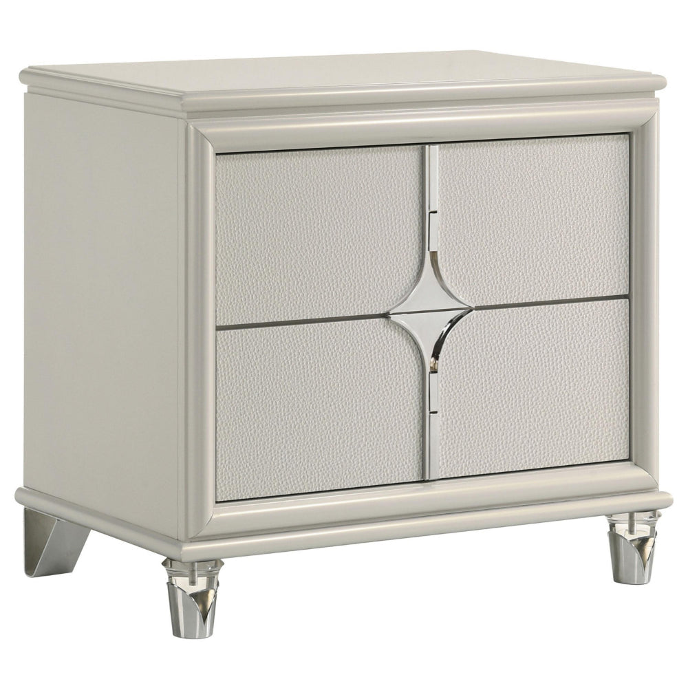 Ory Nightstand w 2 Drawers, Chrome Star Handle, Pearl Ivory Wood