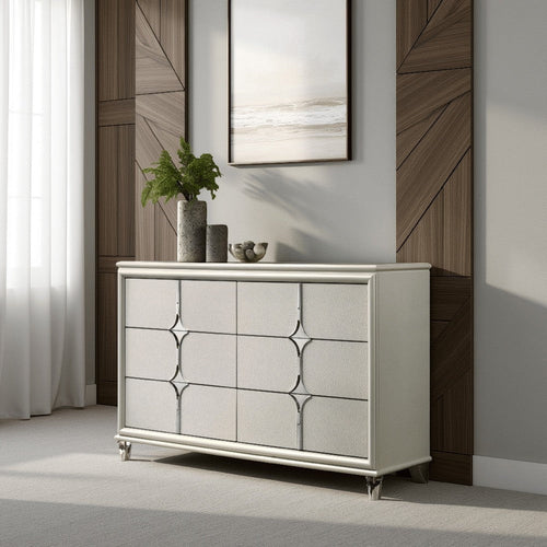 Ory Wide Dresser w 6 Drawers, Chrome Star Handle, Pearl Ivory Wood