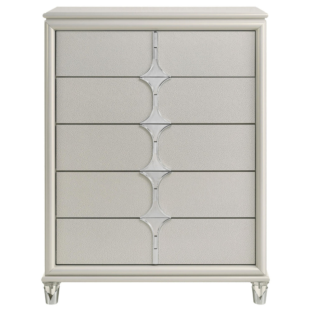 Ory Tall Dresser Chest w 5 Drawers Chrome Star Handle Pearl Ivory BM328573