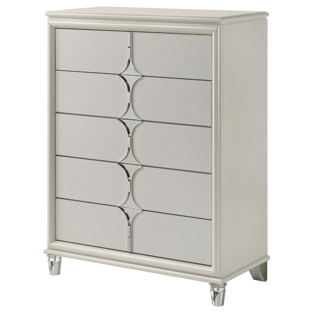 Ory Tall Dresser Chest w 5 Drawers Chrome Star Handle Pearl Ivory BM328573