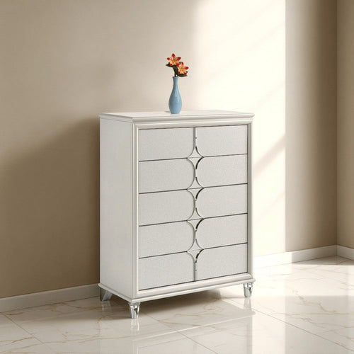 Ory Tall Dresser Chest w 5 Drawers, Chrome Star Handle, Pearl Ivory