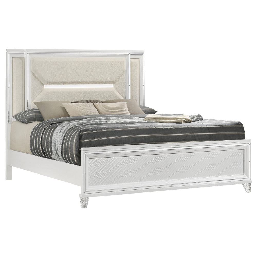 Mory Queen Size Bed Textured LED Headboard Ivory Boucle Upholstery