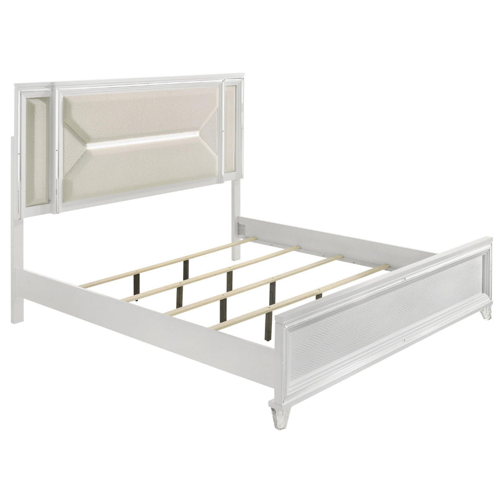 Mory King Size Bed, Textured, LED Headboard, Ivory Boucle Upholstery