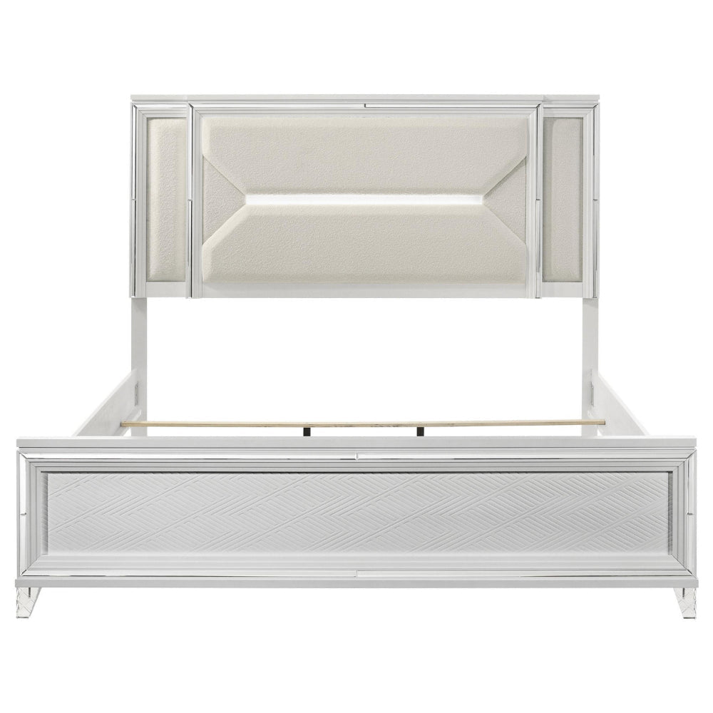 Mory King Size Bed Textured LED Headboard Ivory Boucle Upholstery