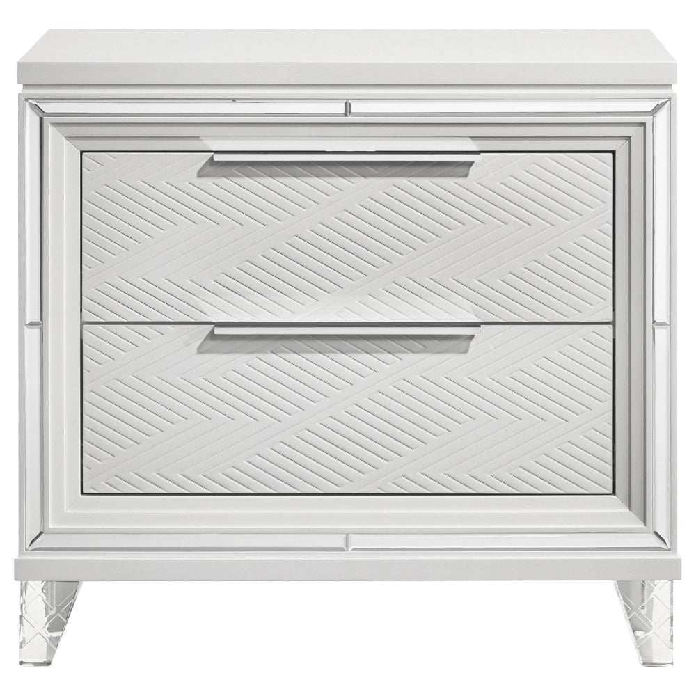 Mory Nightstand 2 Drawers Embossed Herringbone Pattern White Chrome BM328577